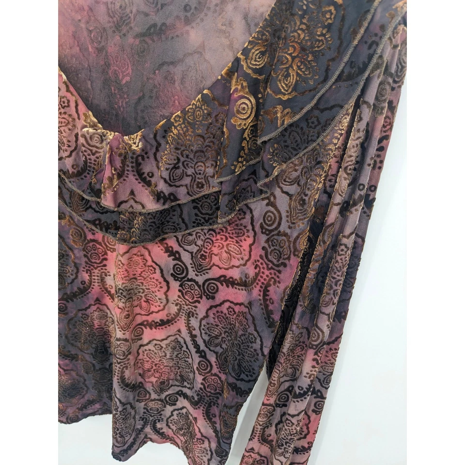 Top Y2K Mujer Grande Marrón Manga Larga Terciopelo Burnout Floral Volantes Cuello en V Top Foto 2 de 4