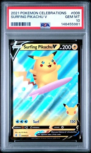 2021 POKEMON CELEBRATIONS #008 SURFING PIKACHU V PSA 10