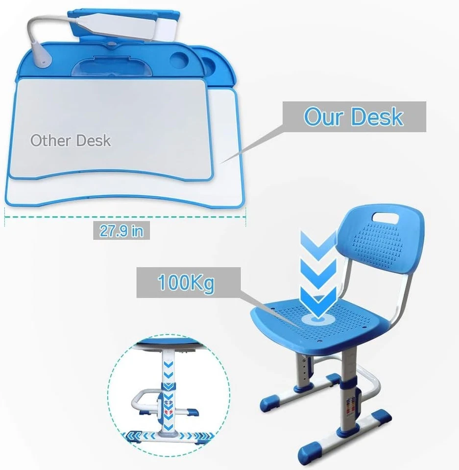 Kinder Schreibtisch und Stuhl Set höhenverstellbar für 3-15 Jahre, Kinder Arbeitszimmer mit Lampe - Bild 2 von 4