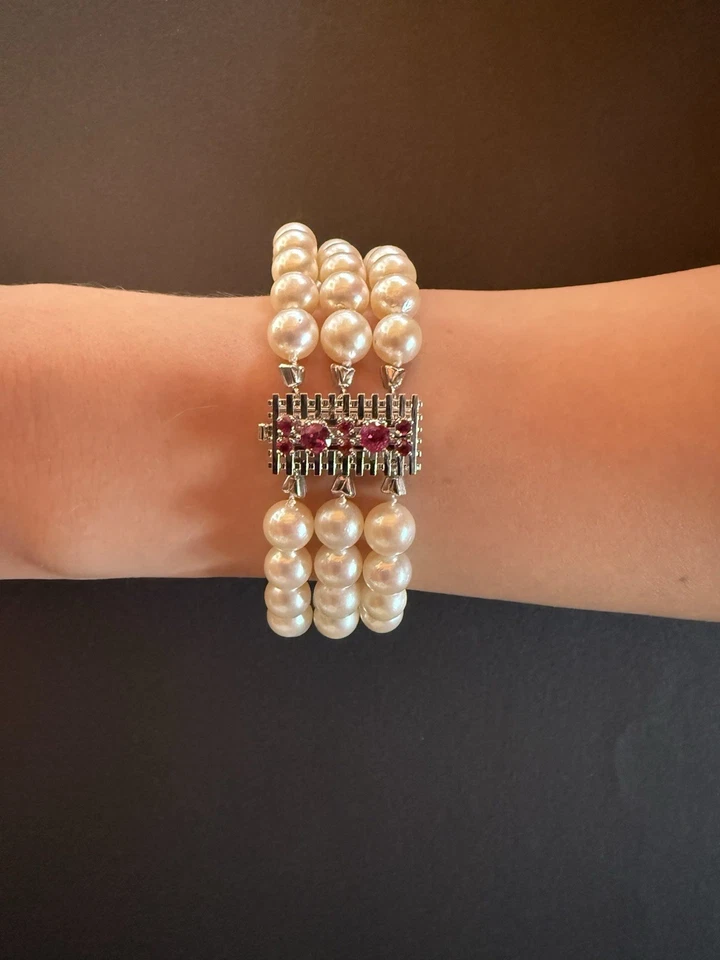 Perlenarmband / Armkette aus 585 Gold Weißgold Perlen Rubine, 14 Karat, - Bild 2 von 4