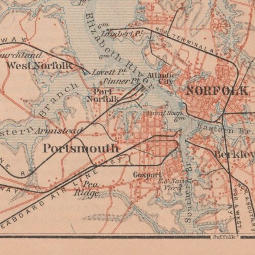 NORFOLK PORTSMOUTH Original Map City Plan 1909 VIRGINIA U.S HAMPTON ROADS