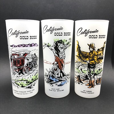 Vtg California Gold Rush Frosted 6.5'' Glasses Set of 3 Black Bart, Kit Carson...