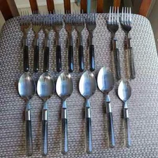 Vintage Set of 15 Smokey Clear Handle Stainless Kitchen Silverware Flatware