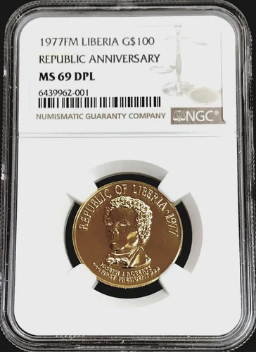 1977 FM GOLD LIBERIA 787 MINTED $100 REPUBLIC ANNIVERSARY NGC MINT STATE 69 DPL