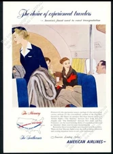 1951 American Airlines stewardess on plane color art vintage print ad