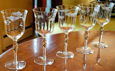 Vintage WESTON Set 5 WATER WINE GOBLET GLASSES Hand Etched OPTIC PANEL 7.5"