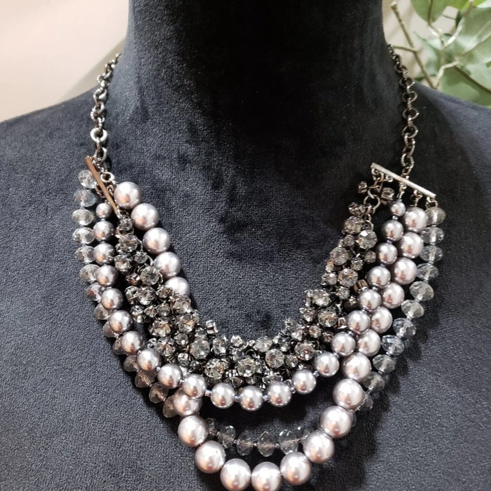 Mujeres Moda Tono Plateado Vidrio Imitación Perla Cuentas Collar Collar con Cierre de Langosta Foto 2 de 4