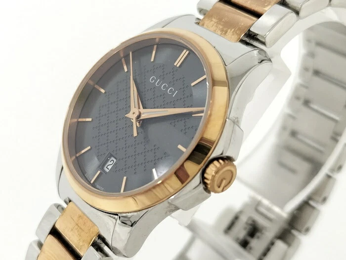 Montre ronde analogique Gucci 126,5 G Timeless Qz Combi Ss Gp cadran noir du Japon