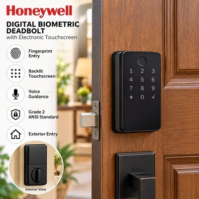 Honeywell Digital Biometric Deadbolt W/Electronic Touchscreen 8635302 Black NEW - Image 1 of 4