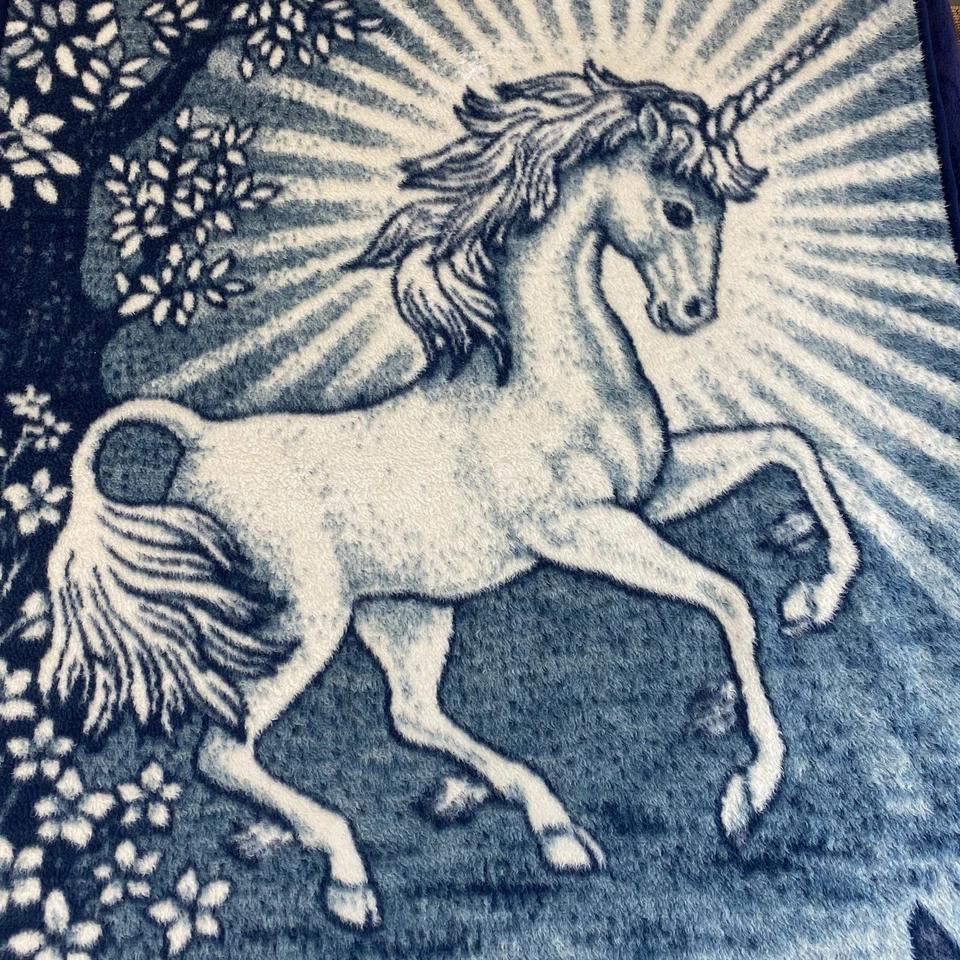 "De colección Cannon Ibena UNICORNIO Flor Manta Azul Blanco Acrílico Reversible 76"" X 55""" Foto 2 de 4