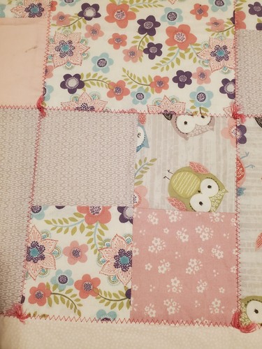 Handmade Quilt Patchwork Pastel Pink, Green, Owls, Cottage Core Baby Quilt - Picture 3 of 9