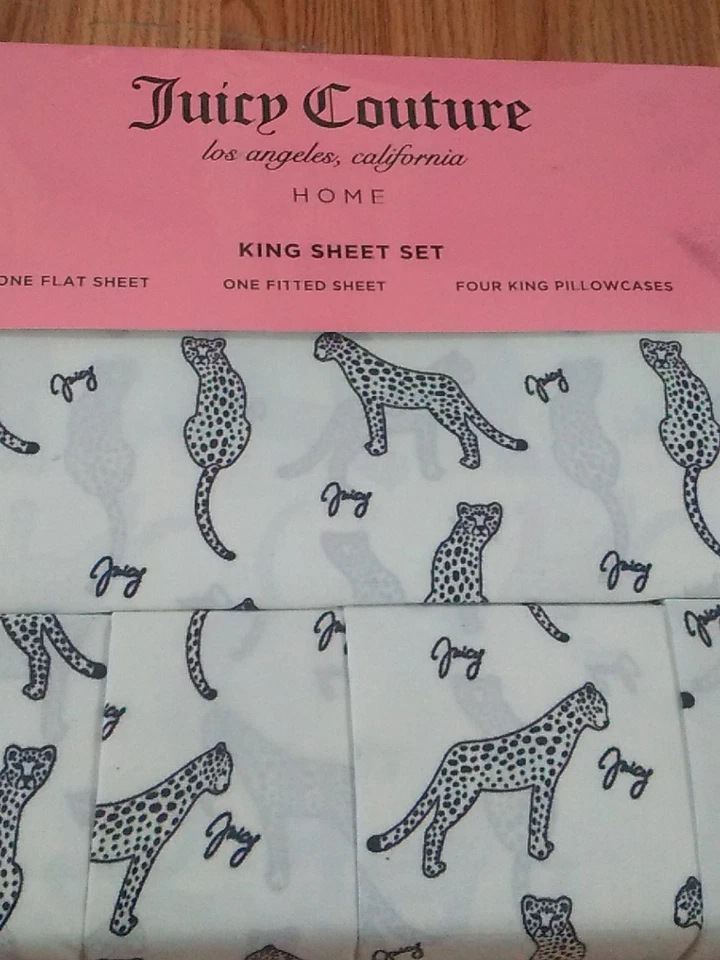 Juego de sábanas de 6 piezas Juicy Couture estampado de leopardos blancos tamaño king Foto 2 de 4