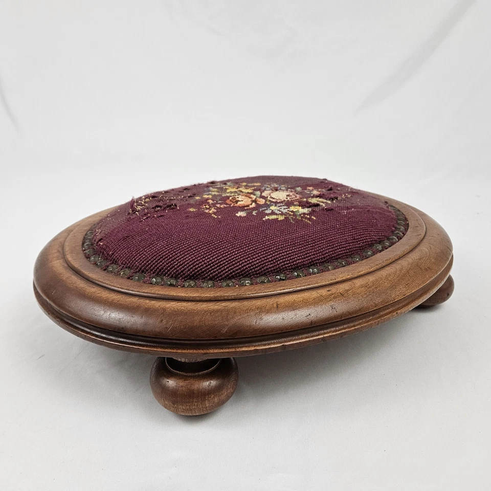Antique Walnut Needlepoint Footstool Foot Rest Ottoman French Victorian Vintage - Image 3 of 4
