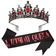 Red Black Birthday Crown and Sash for Women Sash Rhinestone Tiara Set Red and