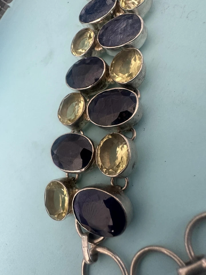 Sterling Silver 925 Bracelet Faceted Lapis Lazuli Citrine Gemstone Toggle 8.5" - Image 3 of 4