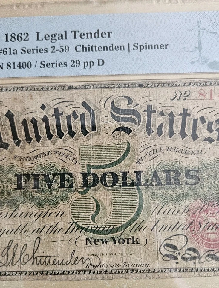 1862 $5.00 Legal Tender Alexander Hamilton F-12 PMG Fr. 61A Fine Problem Free - Image 4 of 4