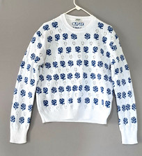 Kenzo Paris Embroidered Graphic Sweater sz M Blue White Intarsia Rose Italy