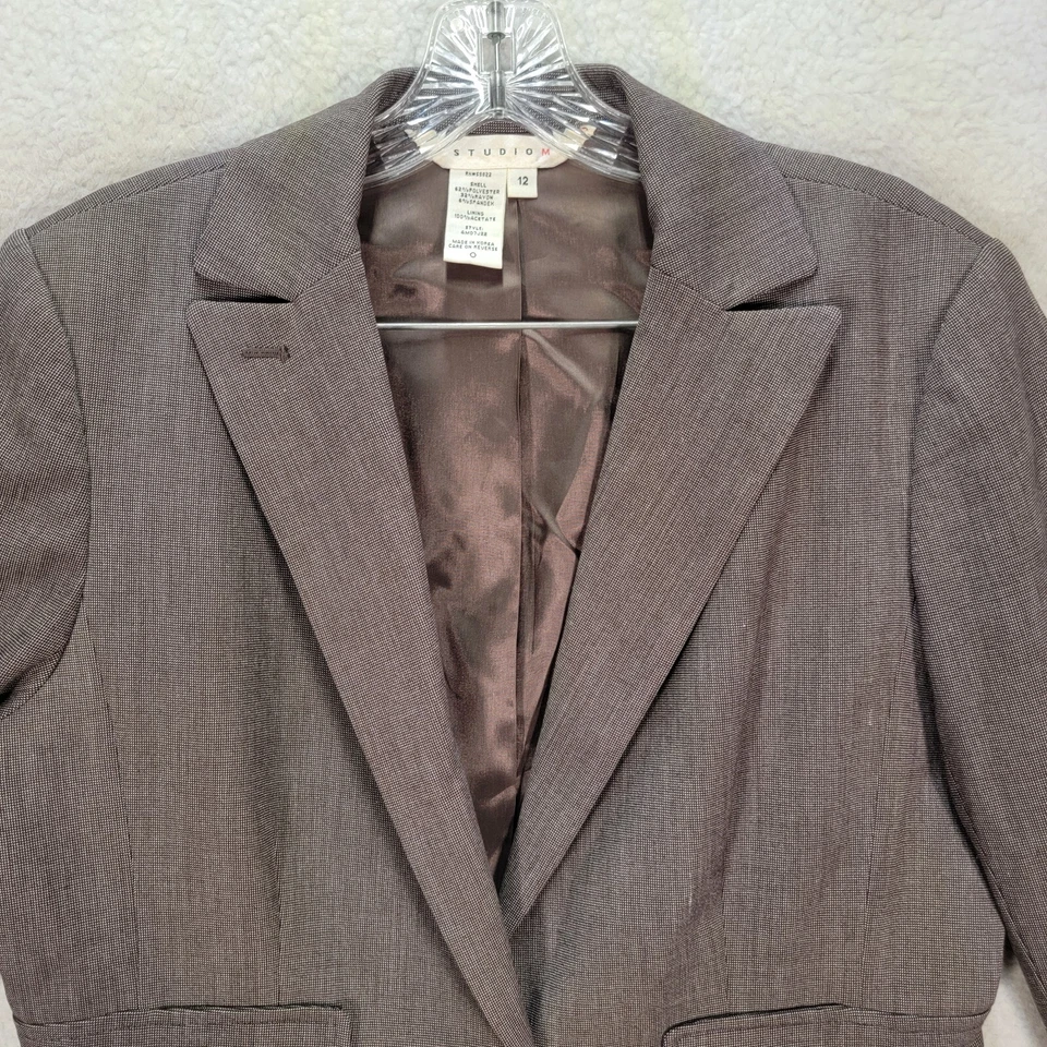 Vtg Studio M Womens Blazer Brown Collar Slim Professional Classic Career Size 12 - Image 2 of 4
