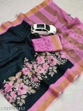 New Linen Cotton Sari With Unstitched Blouse Piece Party Wedding Wear For Women