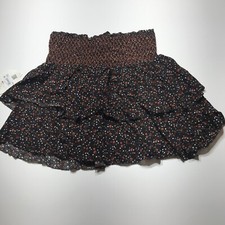 Altar's State Skirt Womens Sz Large Smocked Waist Ruffle Black Floral Rayon NWT