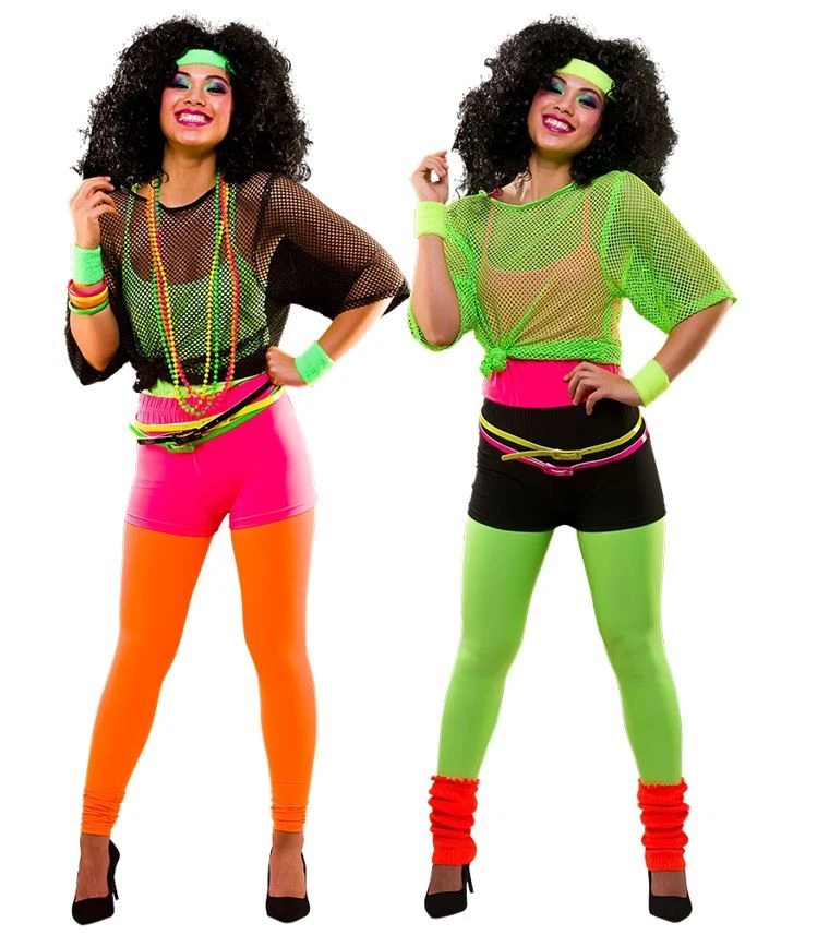 Ladies 80s 1980s NEON FANCY DRESS Dance Hen Party Costume Ra Ra's Hot Pants  Legs