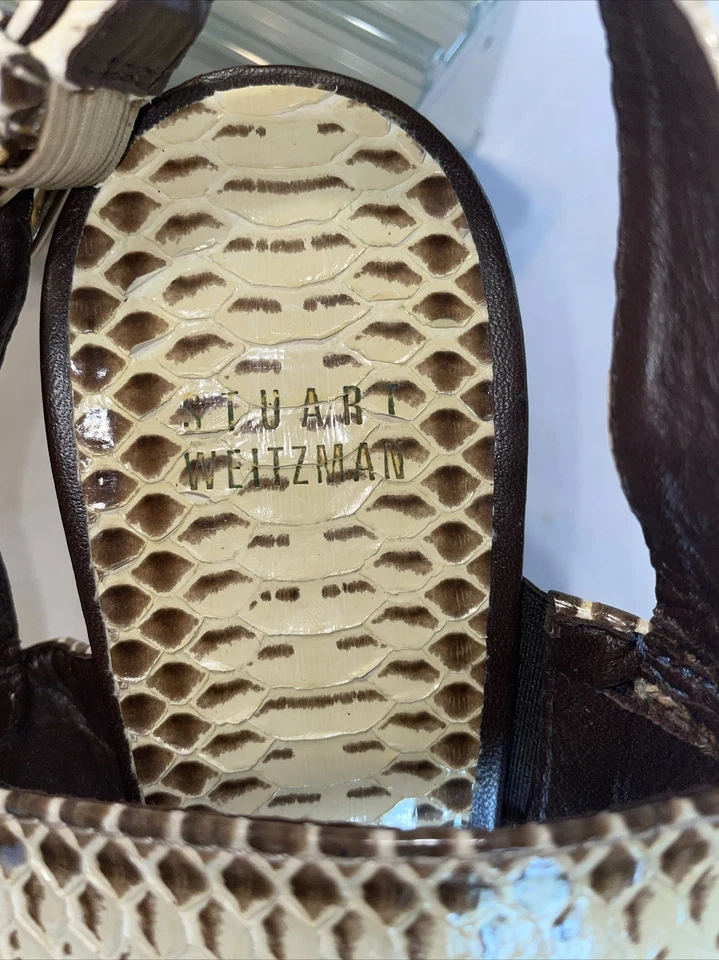 Stuart Weitzman Dress Shoes Womens 9 M Tan Brown Snakeskin Ankle Strap Buckle - Image 2 of 4