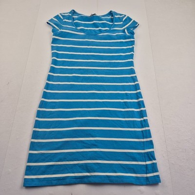 CREW CLOTHING Dress 10 Blue Women's Knee Length Short Sleeved Striped Cotton