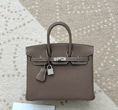 Auth Hermès Birkin 25 Handbag Etoupe Leather Palladium Hardware Luxury Vintage