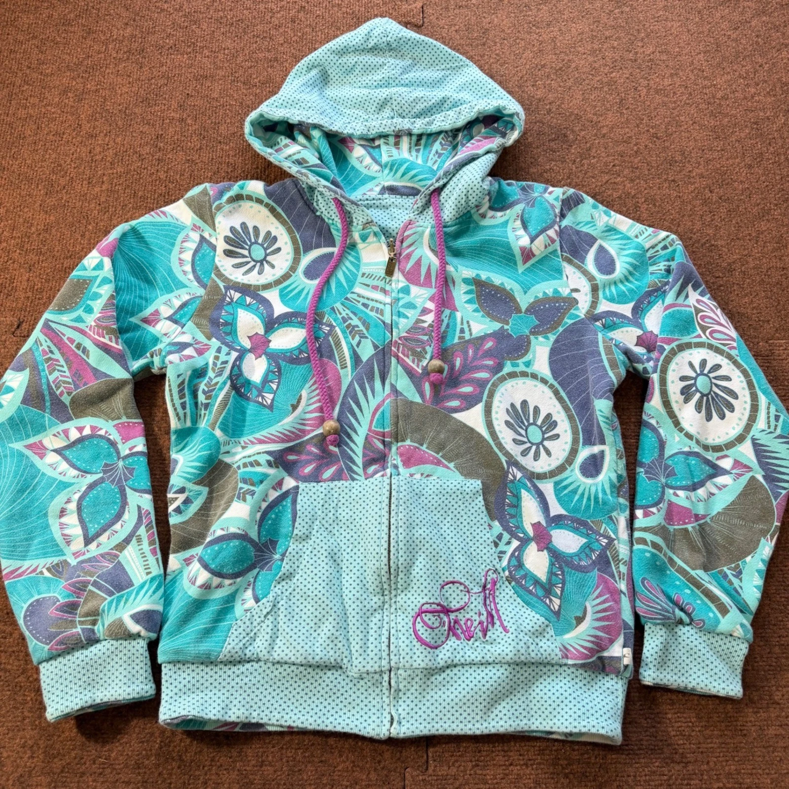 O'Neill Womens Teal Floral Geometric Full Zip Hoodie Mesh Lined Hood Sweatshirt