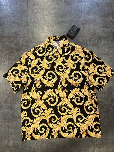 $1050 VERSACE Men's Black Gold Barocco Shirt 50 LARGE See Measurements