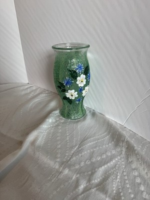 Vintage FTD Green Crinkle Glass Vase Hand Painted Daisies Bark Textured 7.5 Inch