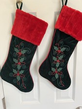 VTG Christmas Stockings 2 Green Velvet W/ Holly Embroidered 20 X 6