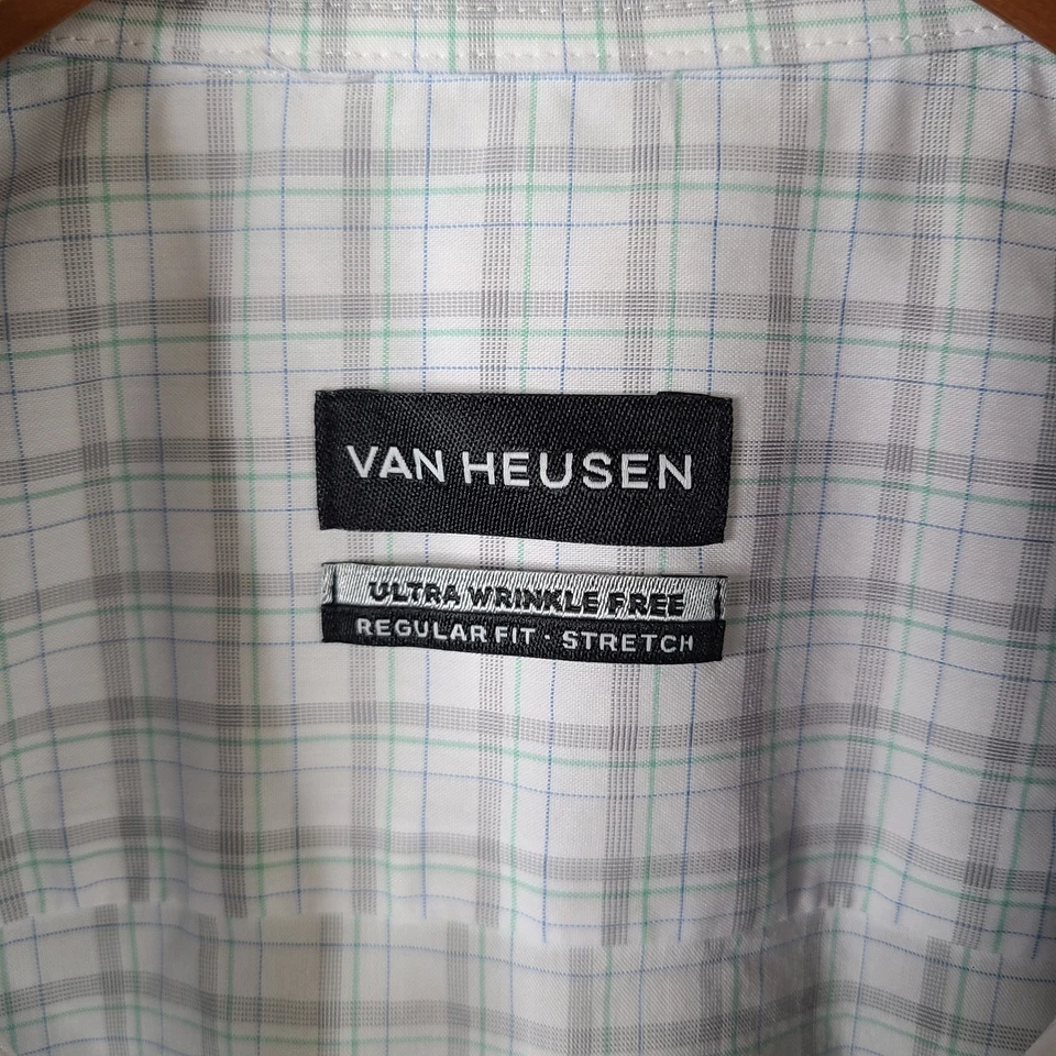 Van Heusen Shirt Mens XL 34/35 White Gray Green Plaid Stretch Button Down - Image 4 of 4