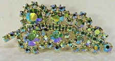 Fabulous FIERY BLUE/GREEN Aurora Rhinestone Vintage LEAF Brooch PIN