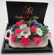 Reutter Miniature Floral Arrangement on Porcelain Tray 2"x 1.25"