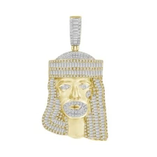 1.50 Cttw Baguette Diamond Jesus Head Mens Charm Pendant 10k Yellow Gold