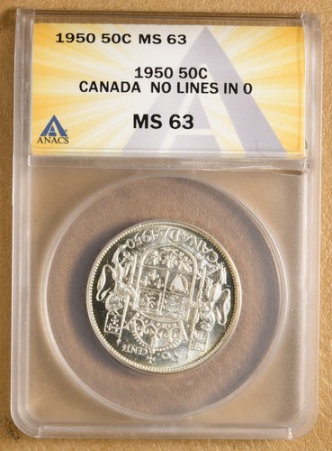 1950 Canada Silver Fifty Cents 'No Lines in 0' ANACS MS63