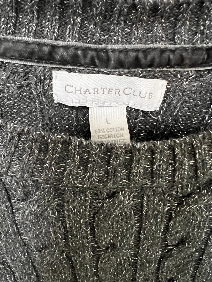 Charter Club Womens Dark Gray Silver Metallic Cable Crew Sweater Sz Large - Image 3 of 4