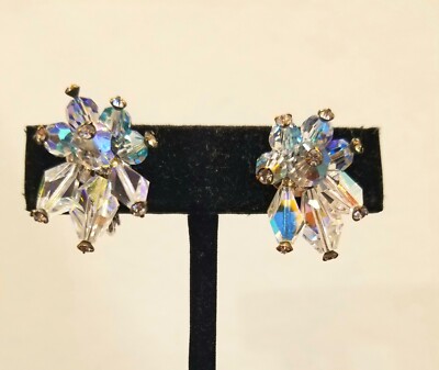 Vintage Vendome Signed Aurora Borealis Crystal  Clip / Screw  On Earrings