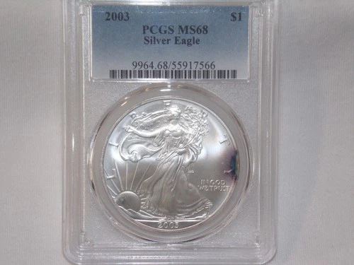 2003 - PCGS MS68 AMERICAN SILVER EAGLE 1 OZ * TONING OBV & REV *