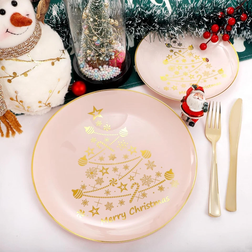 LIYH 150 件装圣诞餐具套装一次性 - 粉色和金色  — 第 4/4 张图片