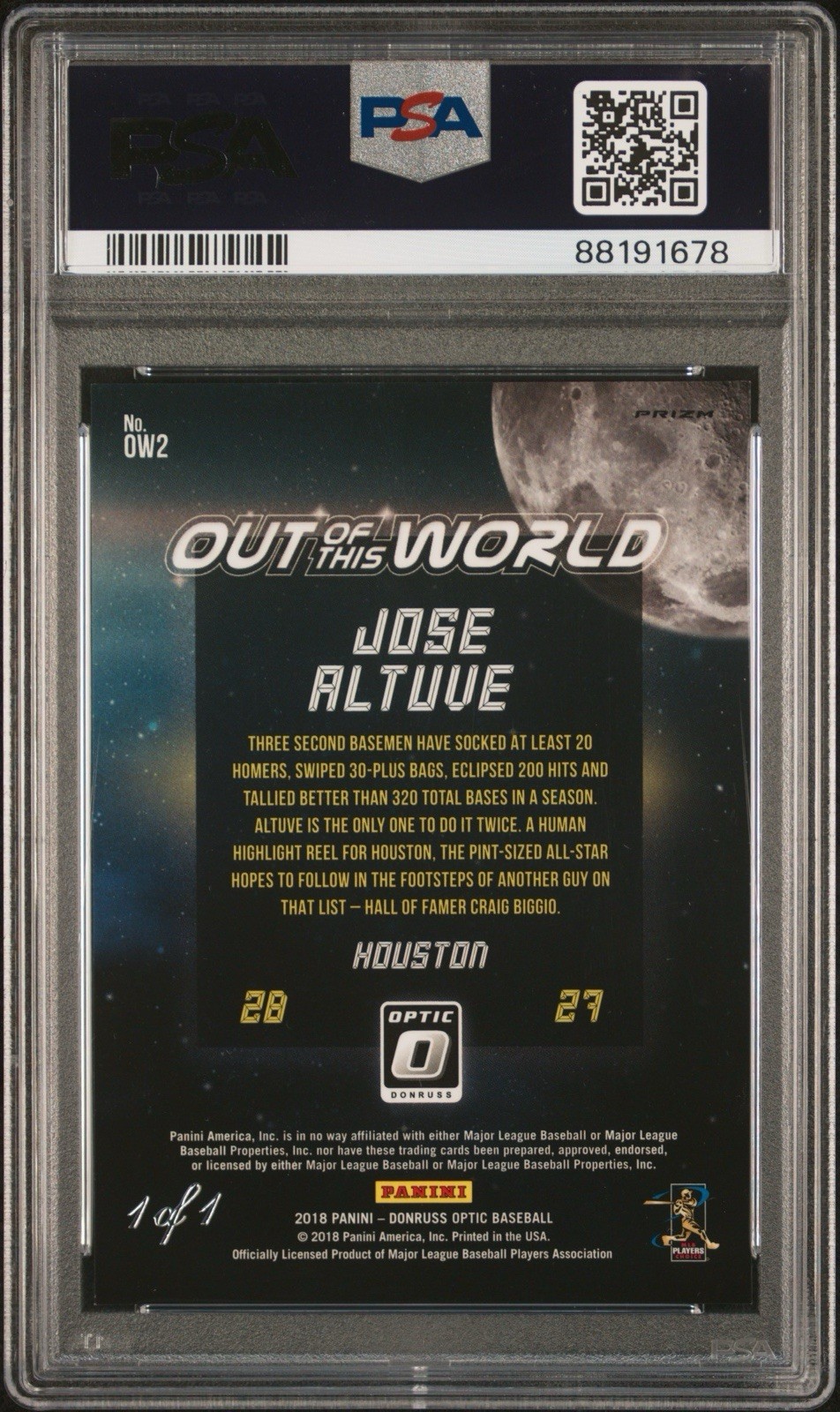 2018 Panini Donruss Optic Out Of This World Jose Altuve Gold Vinyl 1/1 PSA 10 view 2
