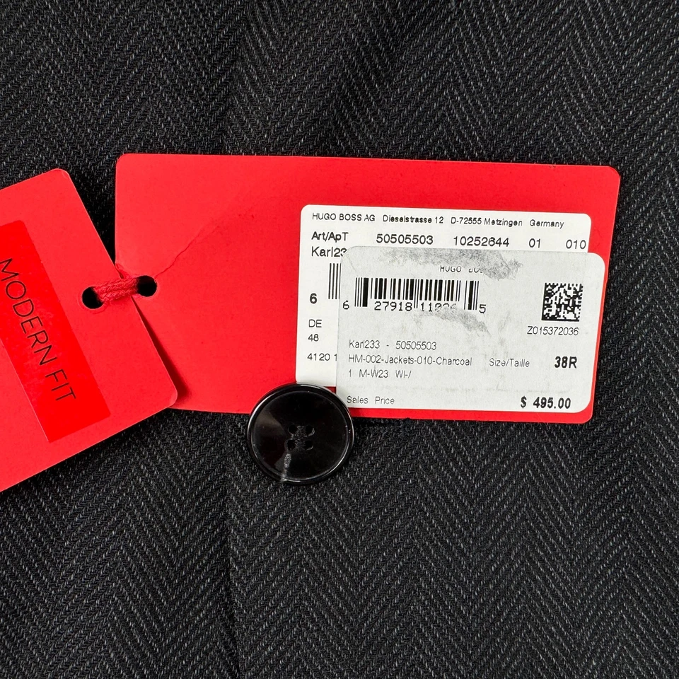 Hugo Boss Mens Modern Fit Wool Blend Herringbone Suit Jacket Charcoal Gray 38R - Image 3 of 4