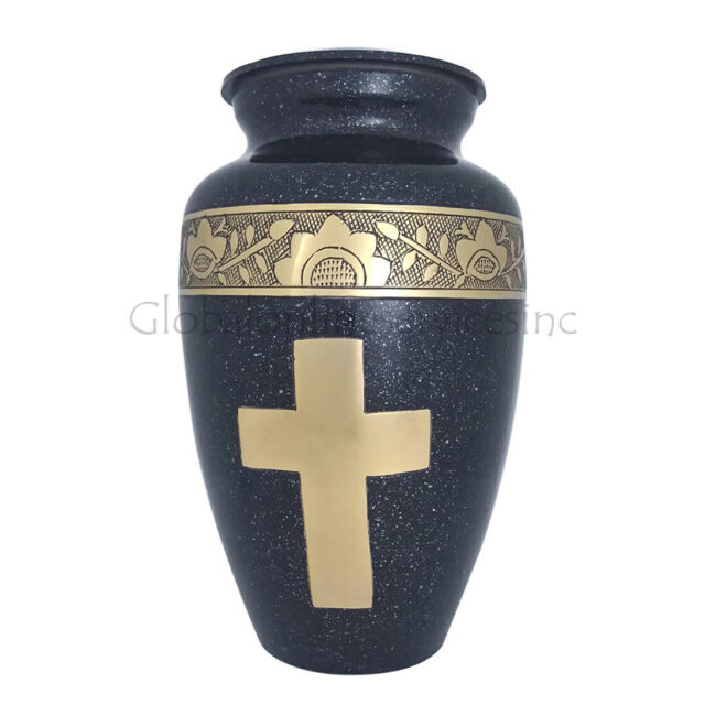 Brass Funeral Urn Engraved Golden Cross Black Adult Urn for Human Ashes