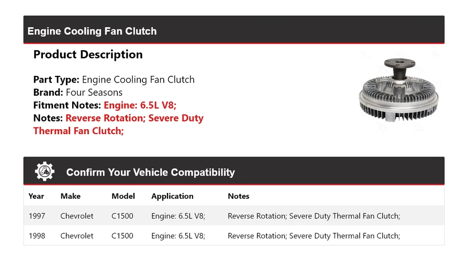 Embrague ventilador refrigeración motor V8 6,5 L 4 estaciones Chevrolet C1500 1997-1998 Foto 2 de 4