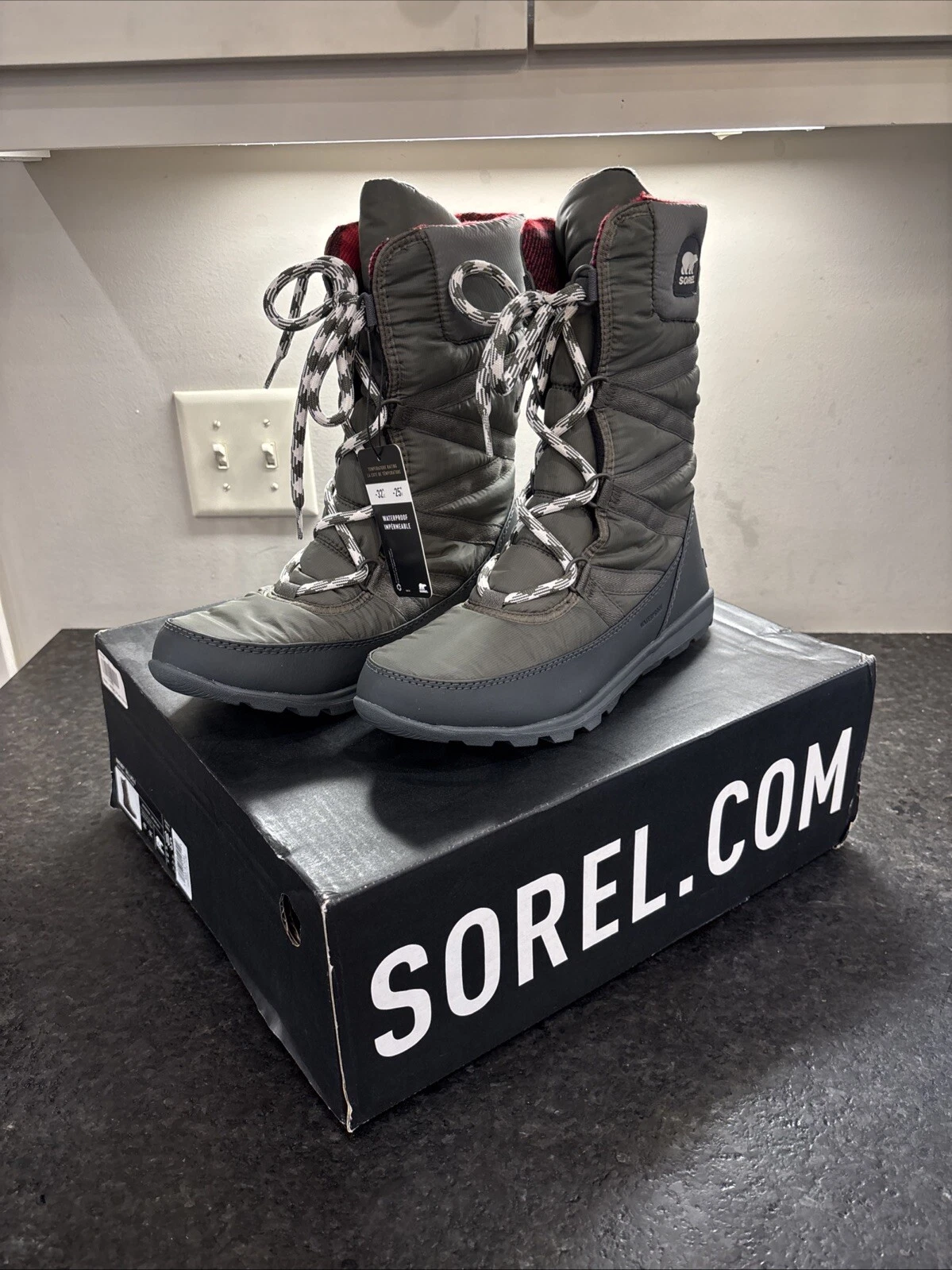Sorel Whitney Tall Lace II Waterproof Boots Women 10.5Alpine Tundra Green Narrow