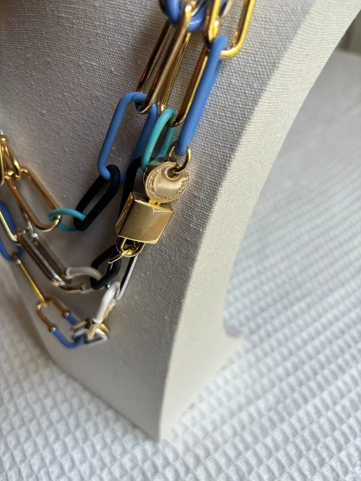 Marc Jacobs Tono Dorado Grueso Eslabón Llamado Collar Declaración con Eslabones Azul Esmalte Foto 2 de 3