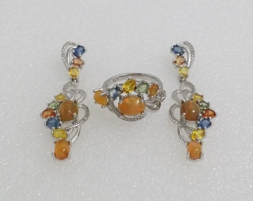 925 Sterling Silver Multi Gem Earrings & Ring Jewelry Set