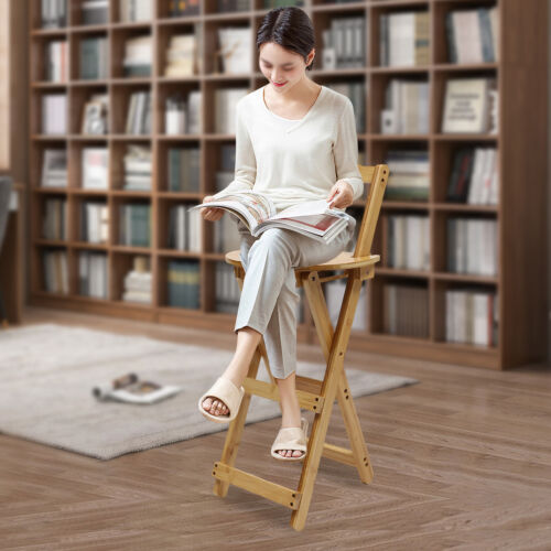 Portable Folding Bamboo Stool Tall Chair Foldable Bar Stool Porch Kitchen Chair - Picture 17 of 17