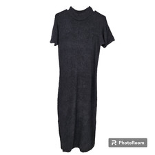 Naadam Dress Black Fuzzy Wool Blend Mock Neck Short Sleeve Maxi Pull On Size S